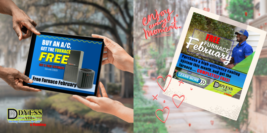 Dyess Air & Plumbing's Free Furnace February Promotion – Digital ad showcasing a special offer: buy an A/C unit and get a free furnace, with free estimates included. The ad features bold blue, yellow, and red text, HVAC system images, and a friendly techni