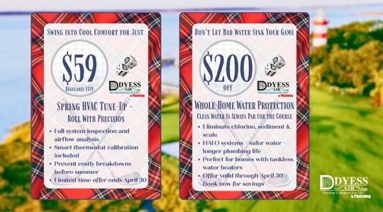 Dyess Air April deals: $59 HVAC tune-up and $200 off water filtration, set on a golf-themed tartan background.