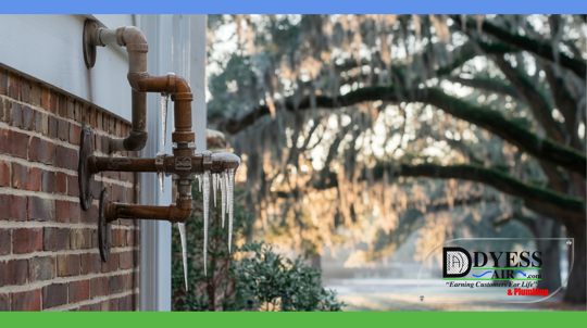 Frozen outdoor pipes with icicles on a brick wall in a Lowcountry setting, highlighting the need for plumbing winterization. Dyess Air & Plumbing logo represents expert services.