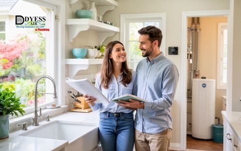 Smiling Lowcountry homeowners reviewing spring remodeling plans in a modern coastal kitchen featuring stainless steel fixtures, natural light, and a visible energy-efficient water heater—ideal for blogs on HVAC and plumbing upgrades by Dyess Air & Plumbing